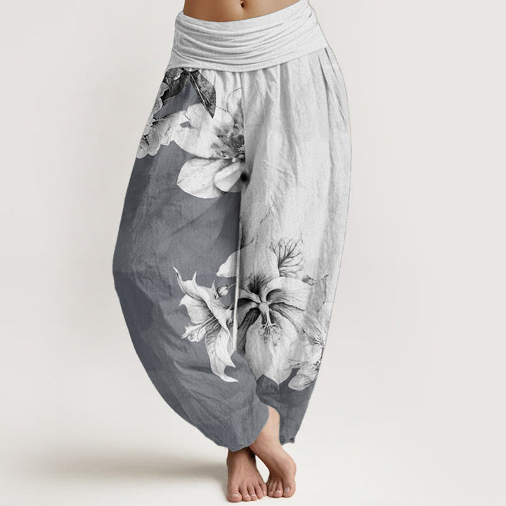 Pantalones harén de algodón puro con estampado de camelia y Buddha Stones para mujer con cintura elástica