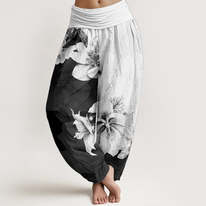 Pantalones harén de algodón puro con estampado de camelia y Buddha Stones para mujer con cintura elástica