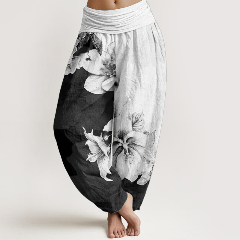 Pantalones harén de algodón puro con estampado de camelia y Buddha Stones para mujer con cintura elástica - Humo blanco - US22，UK/AU26，EU54 (6XL) - image 0