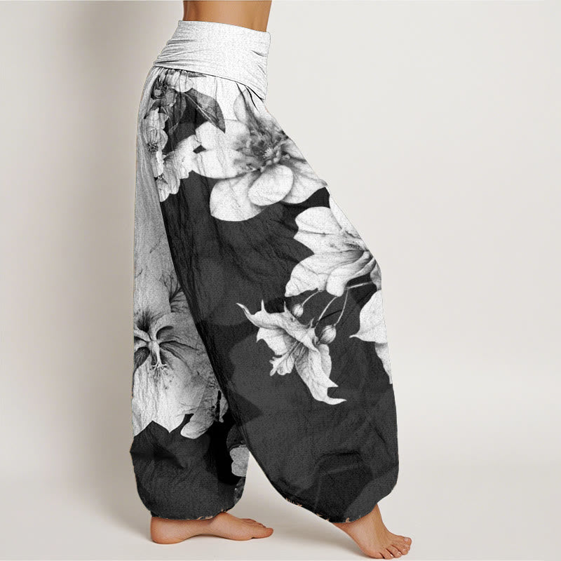 Pantalones harén de algodón puro con estampado de camelia y Buddha Stones para mujer con cintura elástica