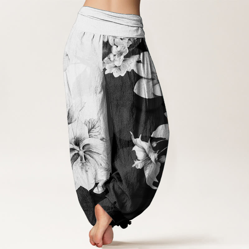 Pantalones harén de algodón puro con estampado de camelia y Buddha Stones para mujer con cintura elástica