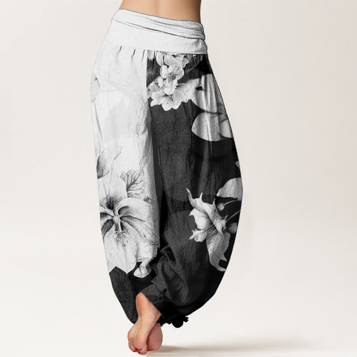 Pantalones harén de algodón puro con estampado de camelia y Buddha Stones para mujer con cintura elástica - image 1