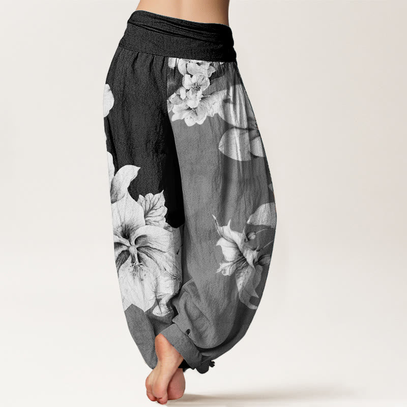 Pantalones harén de algodón puro con estampado de camelia y Buddha Stones para mujer con cintura elástica