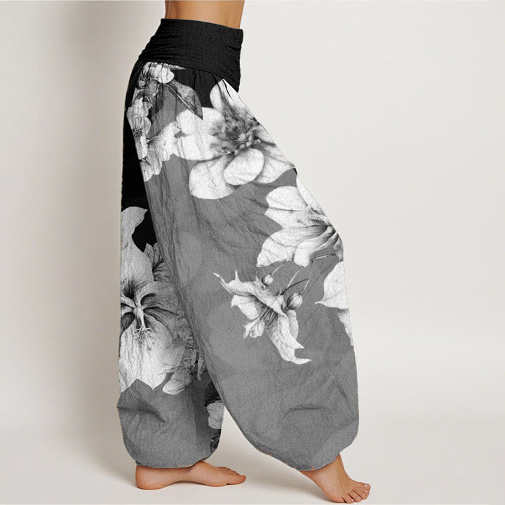Pantalones harén de algodón puro con estampado de camelia y Buddha Stones para mujer con cintura elástica