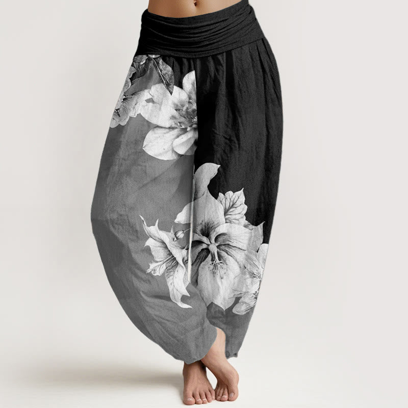 Pantalones harén de algodón puro con estampado de camelia y Buddha Stones para mujer con cintura elástica