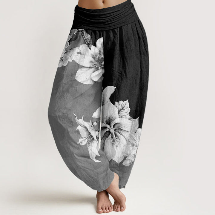 Pantalones harén de algodón puro con estampado de camelia y Buddha Stones para mujer con cintura elástica