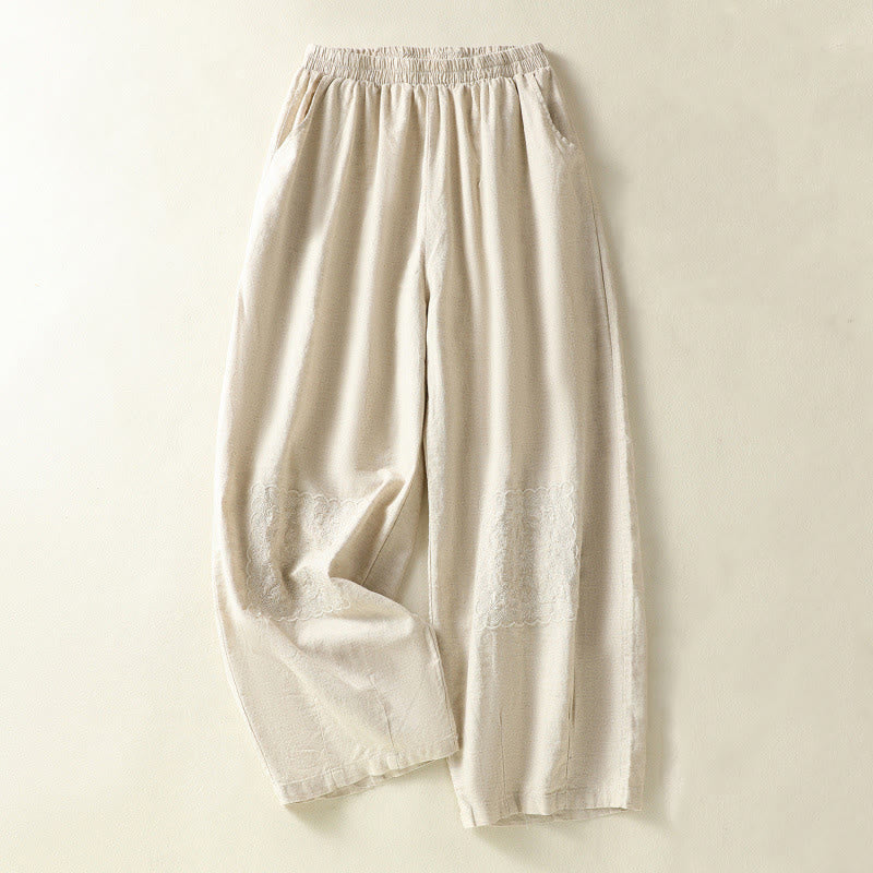 Pantalones harén de lino y algodón para mujer, con bordado de cachemira, estilo vintage de verano, con bolsillos - Blanco antiguo - US8-10，UK/AU12-14，EU40-42 (2XL) - image 6
