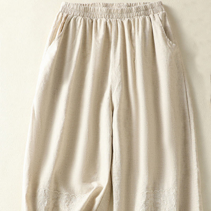 Pantalones harén de lino y algodón para mujer, con bordado de cachemira, estilo vintage de verano, con bolsillos - image 8