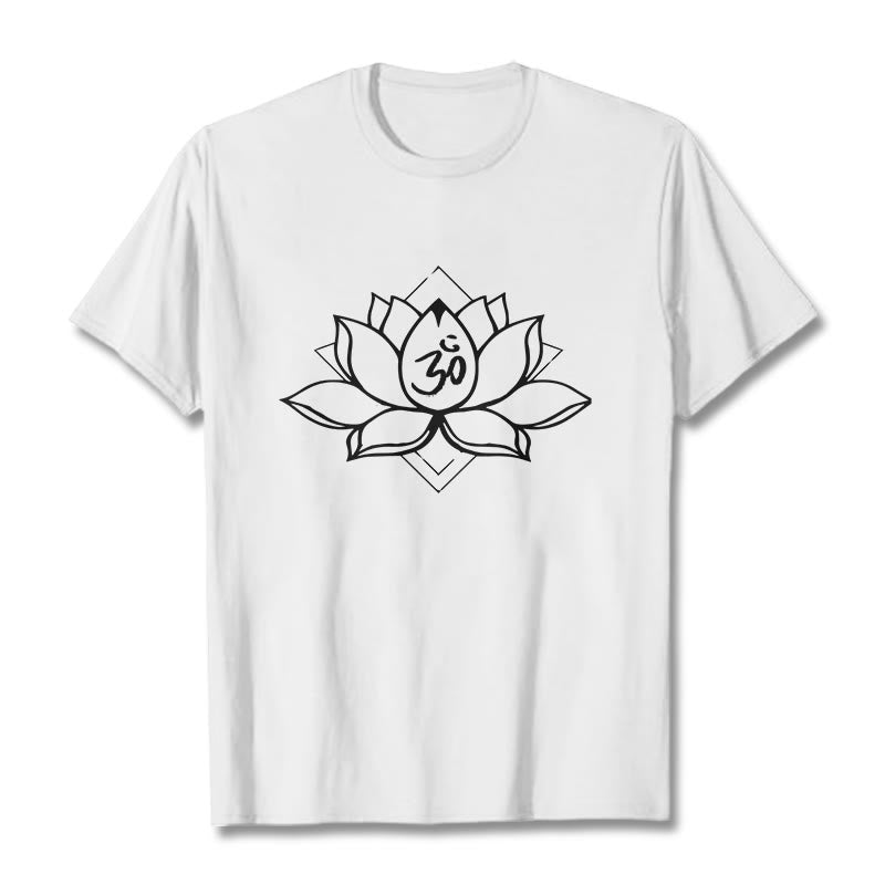 Camiseta de algodón con estampado sánscrito Om de loto floreciente y Buddha Stones - Blanco - 2XL - image 5