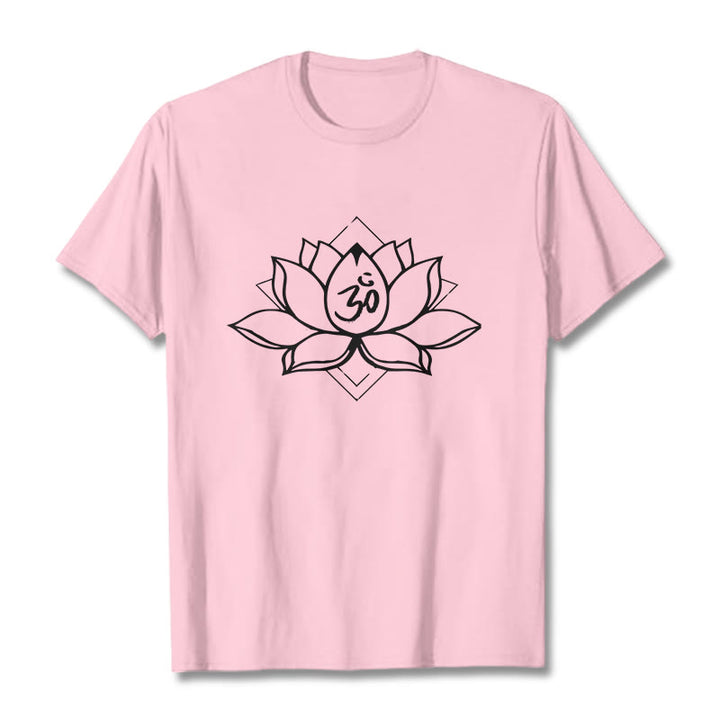 Camiseta de algodón con estampado sánscrito Om de loto floreciente y Buddha Stones - rosa claro - 2XL - image 12