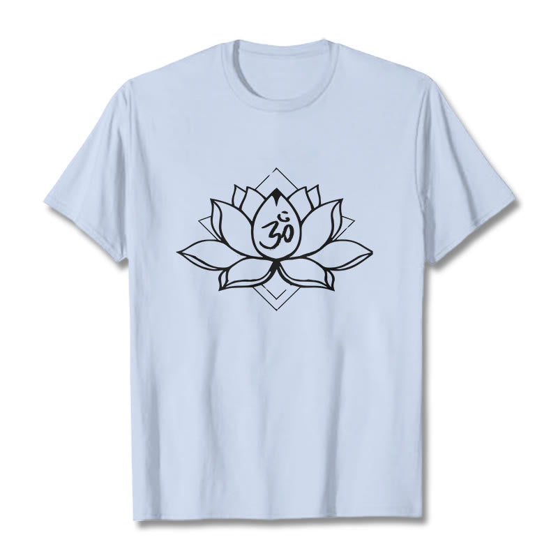 Camiseta de algodón con estampado sánscrito Om de loto floreciente y Buddha Stones - Cian claro - 2XL - image 18