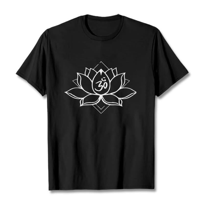 Camiseta de algodón con estampado sánscrito Om de loto floreciente y Buddha Stones - Negro - 2XL - image 0
