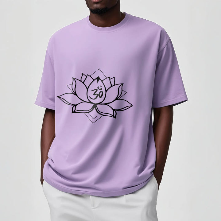 Camiseta de algodón con estampado sánscrito Om de loto floreciente y Buddha Stones - image 17