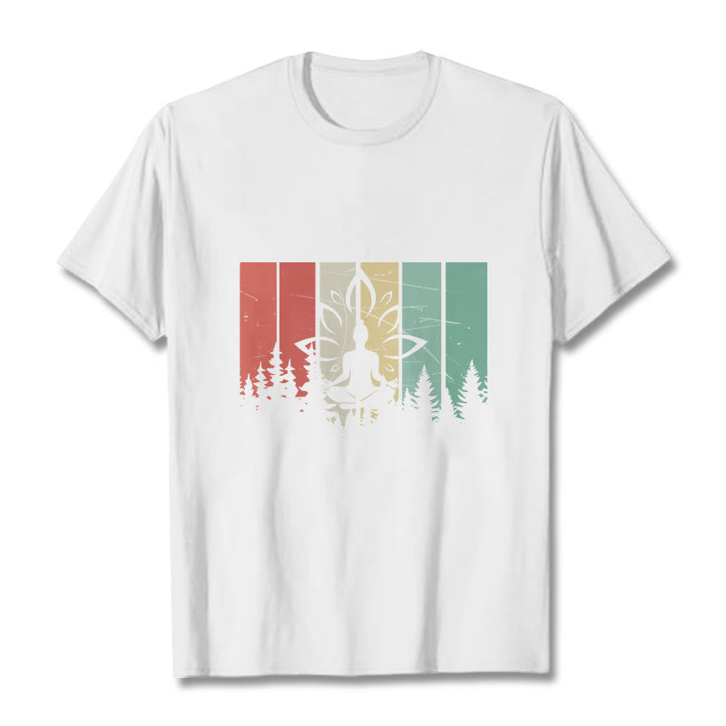 Camiseta de algodón con estatua de Buda meditando en posición de loto y estampado de sombras. - Blanco - 2XL - image 6