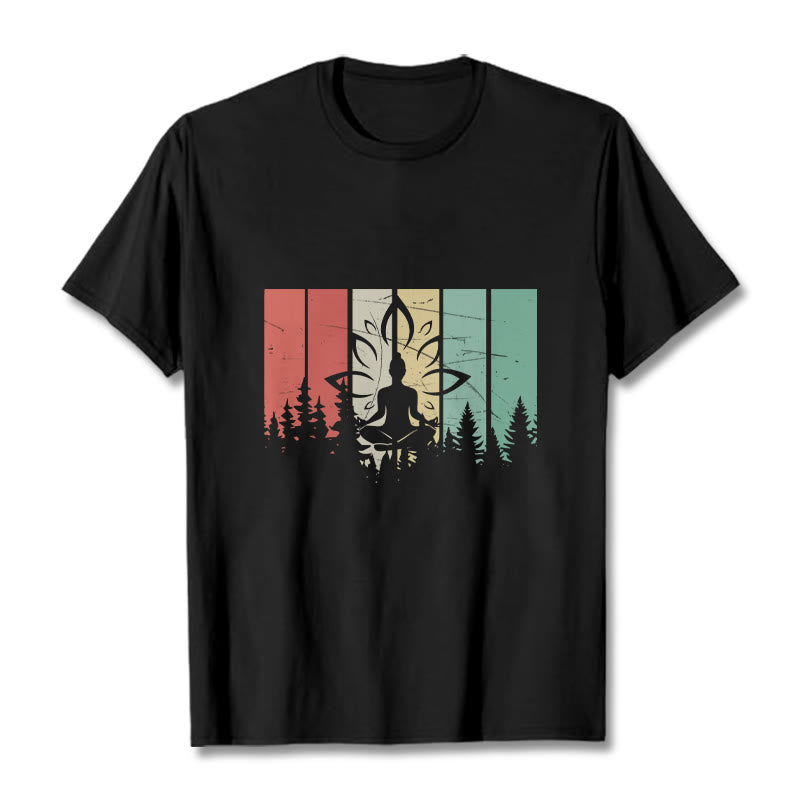 Camiseta de algodón con estatua de Buda meditando en posición de loto y estampado de sombras. - Negro - 2XL - image 1
