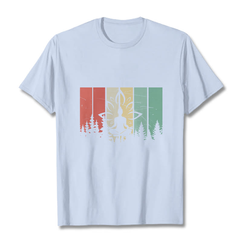 Camiseta de algodón con estatua de Buda meditando en posición de loto y estampado de sombras. - Cian claro - 2XL - image 18