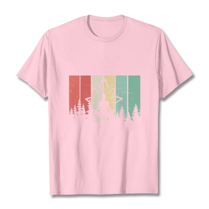 Camiseta de algodón con estatua de Buda meditando en posición de loto y estampado de sombras. - Rosa claro - 2XL - image 13