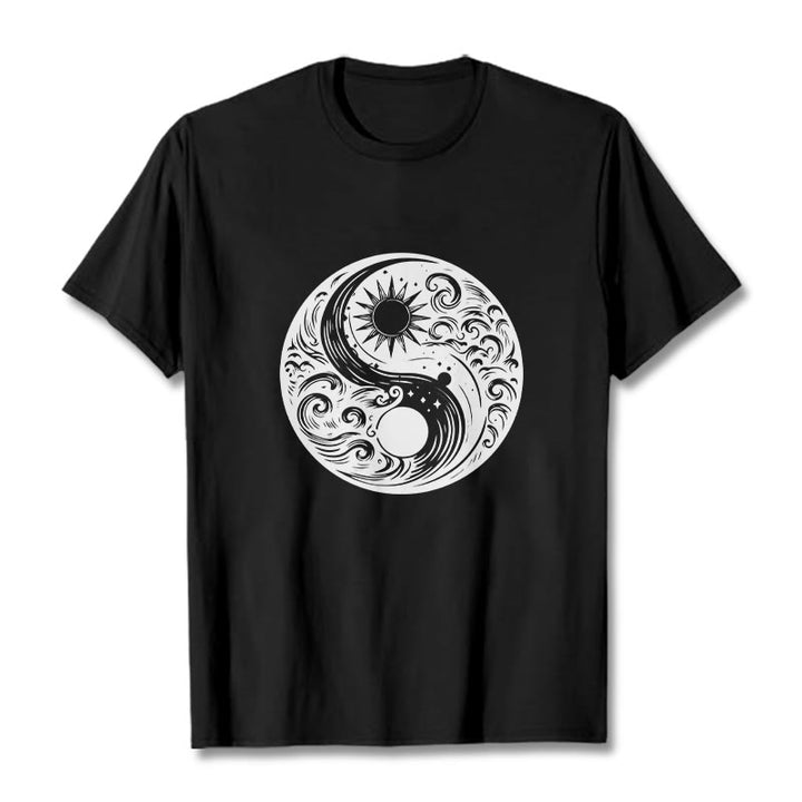 Camiseta de algodón con estampado de Buddha Stones, sol, luna, olas, Yin Yang - Negro - 2XL - image 4