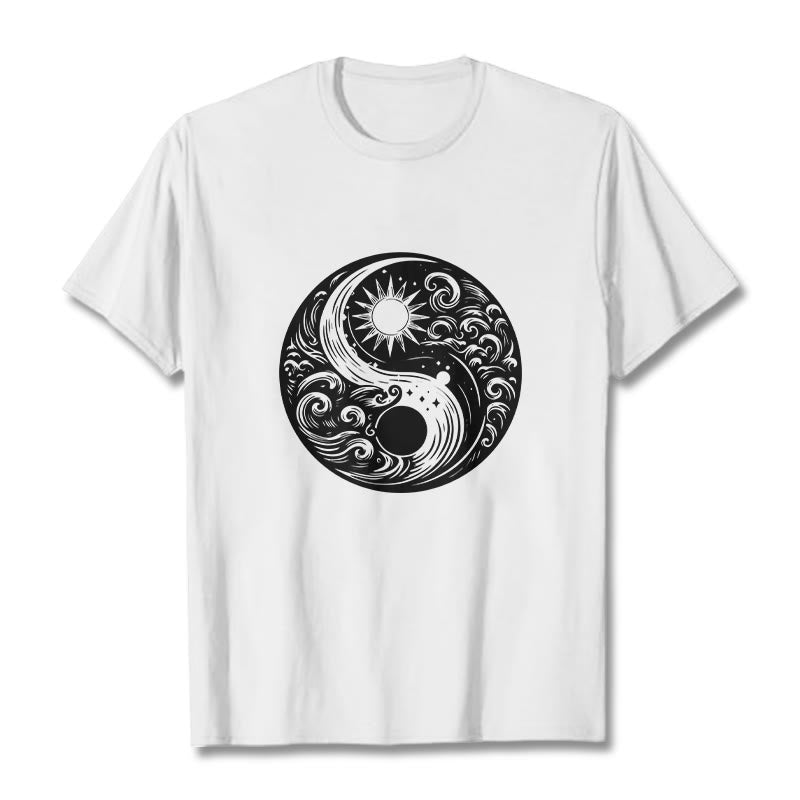 Camiseta de algodón con estampado de Buddha Stones, sol, luna, olas, Yin Yang - Blanco - 2XL - image 0