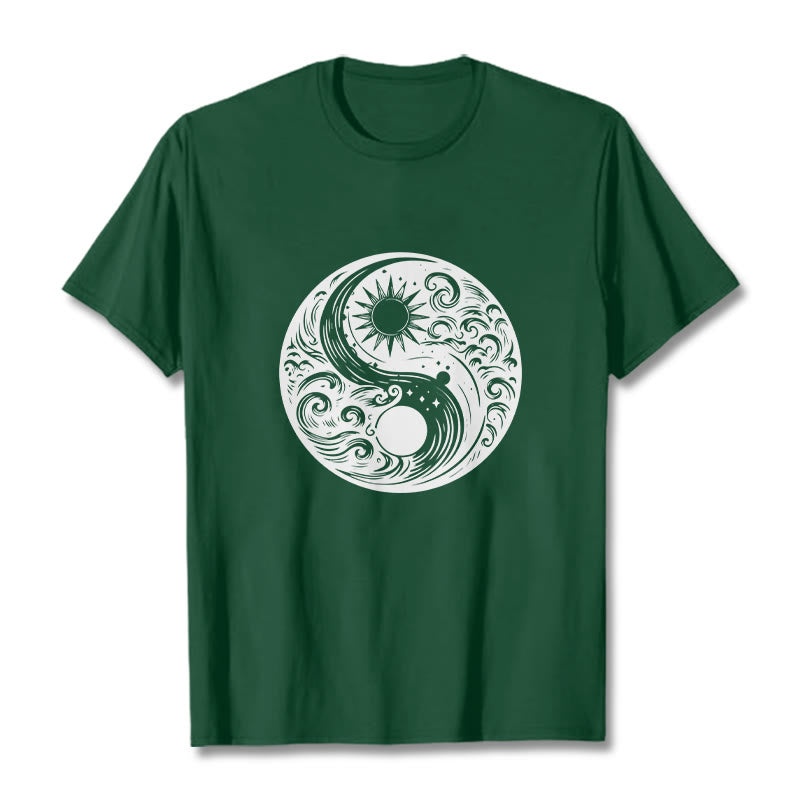 Camiseta de algodón con estampado de Buddha Stones, sol, luna, olas, Yin Yang - Verde bosque - 2XL - image 10