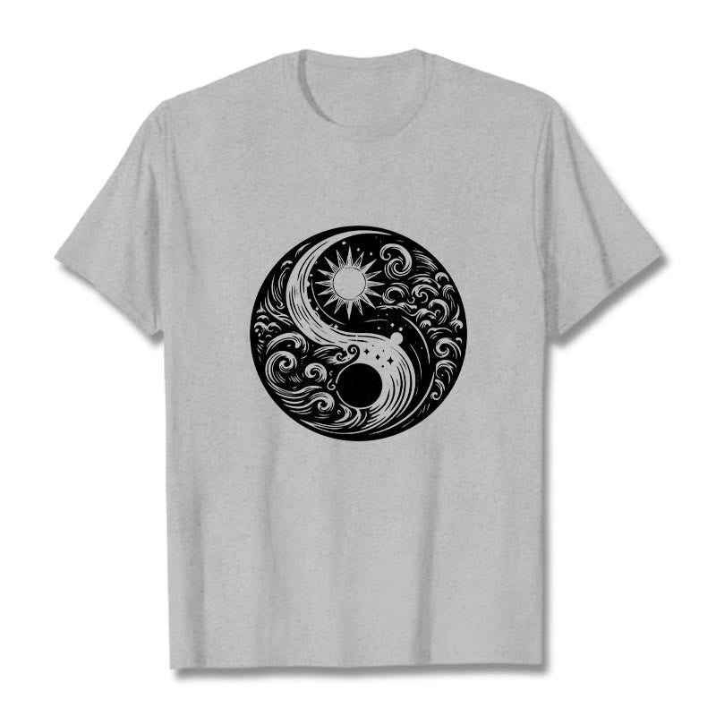 Camiseta de algodón con estampado de Buddha Stones, sol, luna, olas, Yin Yang - Gris claro - 2XL - image 19