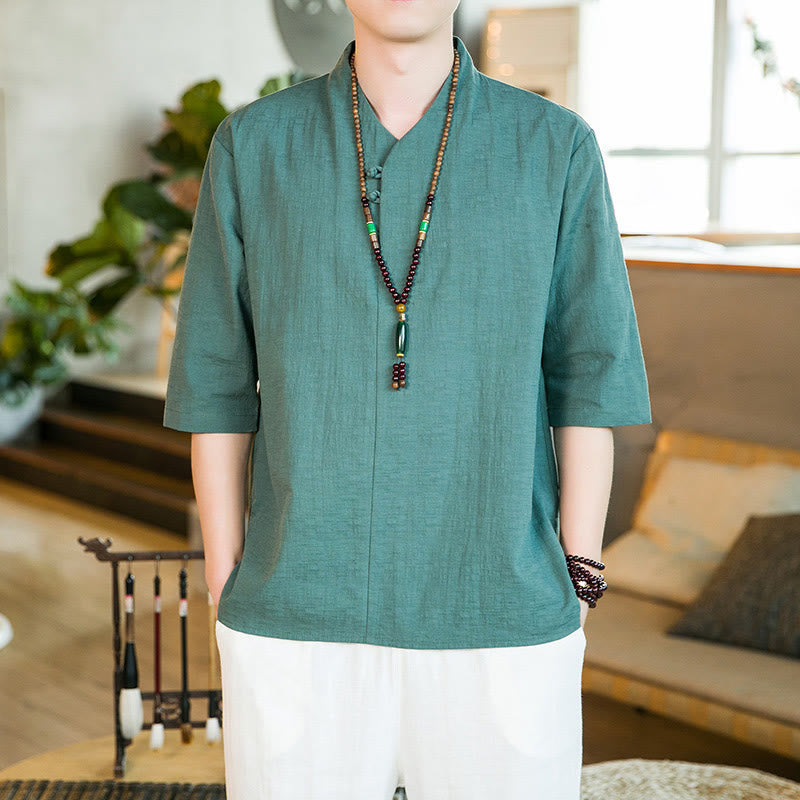 Camisa de algodón de manga tres cuartos para hombre, diseño vintage de botones de rana en color liso, con estampado de Buddha Stones, de verano - image 1