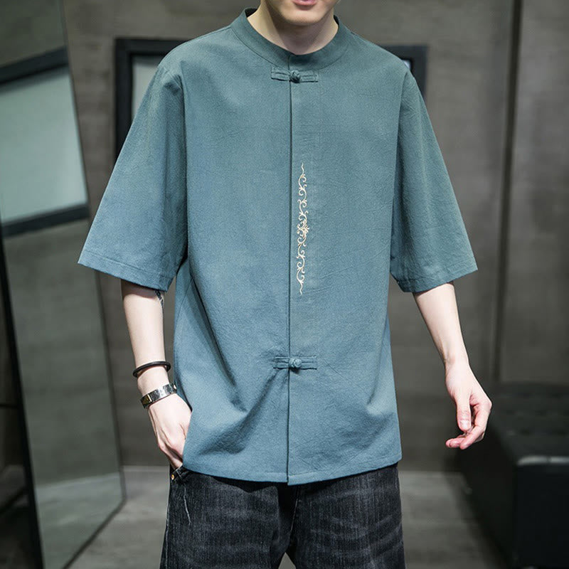 Camisa de algodón y lino para hombre, de color liso, con bordado de botones de rana y estampado de Buddha Stones. - Azul cadete - US/UK/AU46, EU56 (5XL) - image 0