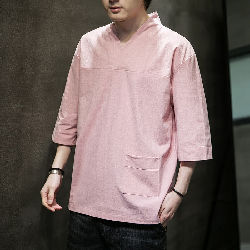 Camiseta de verano informal con cuello en V y manga tres cuartos de algodón y lino para hombre con diseño sencillo de Buddha Stones y bolsillo delantero - Rosa - US/UK/AU46, EU56 (5XL) - image 9