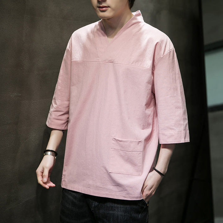 Camiseta de verano informal con cuello en V y manga tres cuartos de algodón y lino para hombre con diseño sencillo de Buddha Stones y bolsillo delantero - Rosa - US/UK/AU46, EU56 (5XL) - image 9
