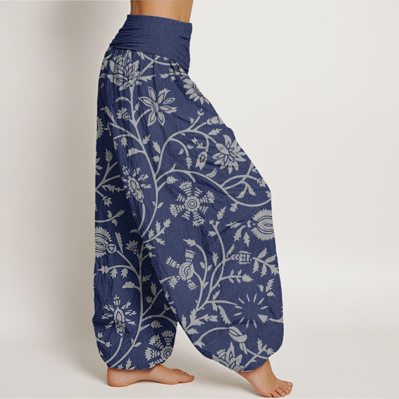 Pantalones harén con cintura elástica para mujer, con estampado floral de ramas y vides, estilo casual y Buddha Stones - image 1