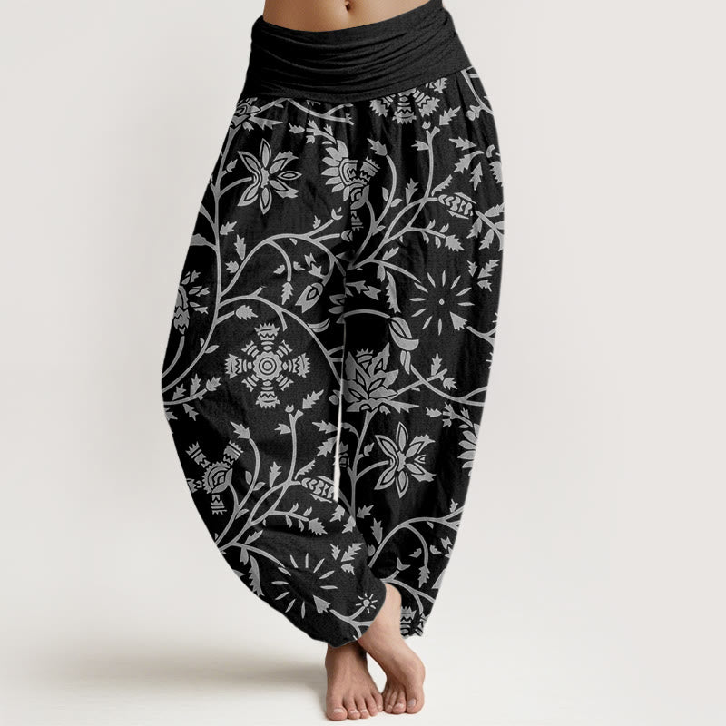 Pantalones harén con cintura elástica para mujer, con estampado floral de ramas y vides, estilo casual y Buddha Stones - Negro - US22，UK/AU26，EU54 (6XL) - image 7