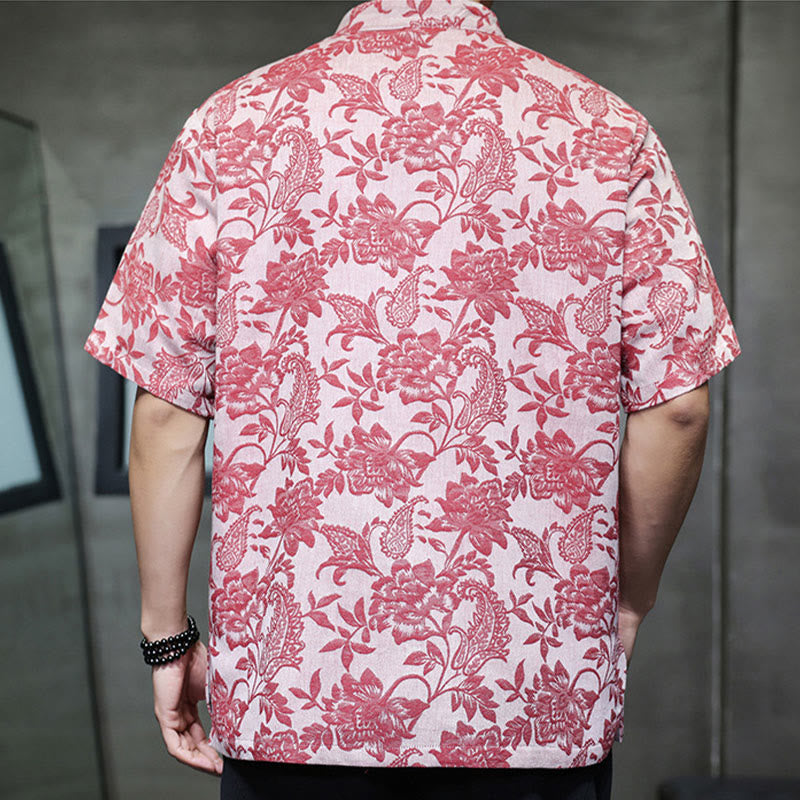 Camisa de algodón para hombre, estilo cárdigan informal con estampado de flores y plantas de cachemira y jacquard con botones de rana y bolsillos.