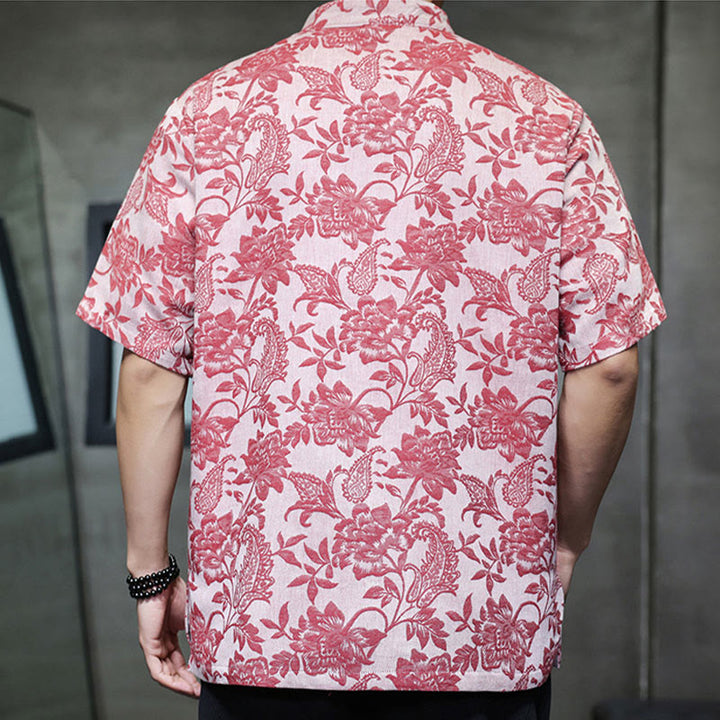 Camisa de algodón para hombre, estilo cárdigan informal con estampado de flores y plantas de cachemira y jacquard con botones de rana y bolsillos.