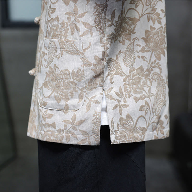 Camisa de algodón para hombre, estilo cárdigan informal con estampado de flores y plantas de cachemira y jacquard con botones de rana y bolsillos.