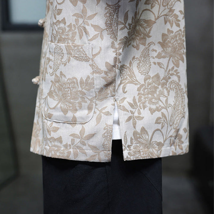 Camisa de algodón para hombre, estilo cárdigan informal con estampado de flores y plantas de cachemira y jacquard con botones de rana y bolsillos.