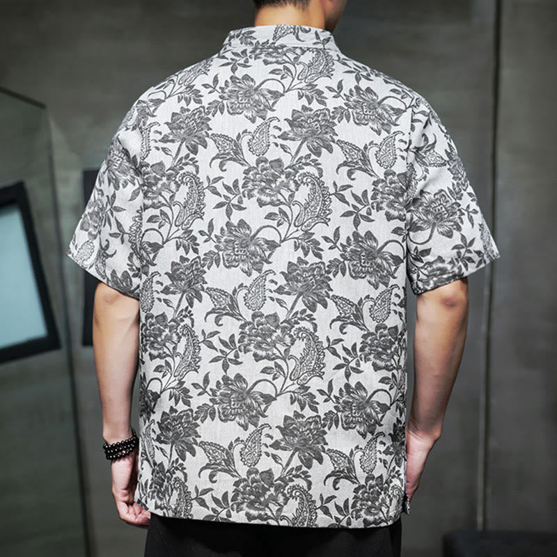 Camisa de algodón para hombre, estilo cárdigan informal con estampado de flores y plantas de cachemira y jacquard con botones de rana y bolsillos.