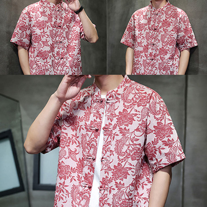 Camisa de algodón para hombre, estilo cárdigan informal con estampado de flores y plantas de cachemira y jacquard con botones de rana y bolsillos.