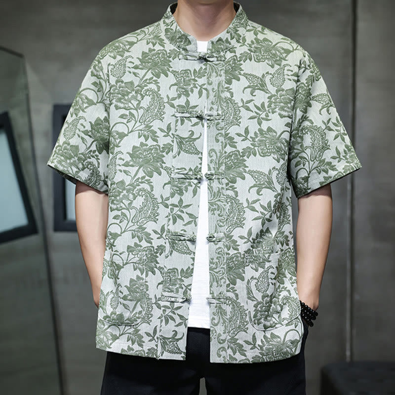Camisa de algodón para hombre, estilo cárdigan informal con estampado de flores y plantas de cachemira y jacquard con botones de rana y bolsillos.