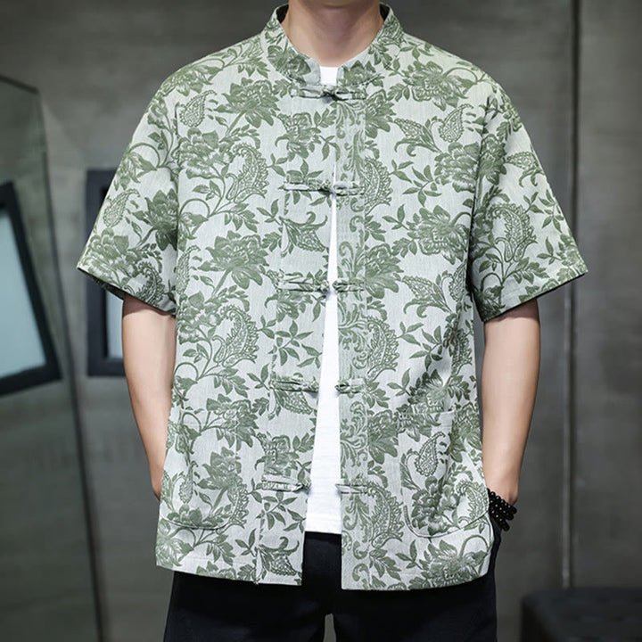 Camisa de algodón para hombre, estilo cárdigan informal con estampado de flores y plantas de cachemira y jacquard con botones de rana y bolsillos.