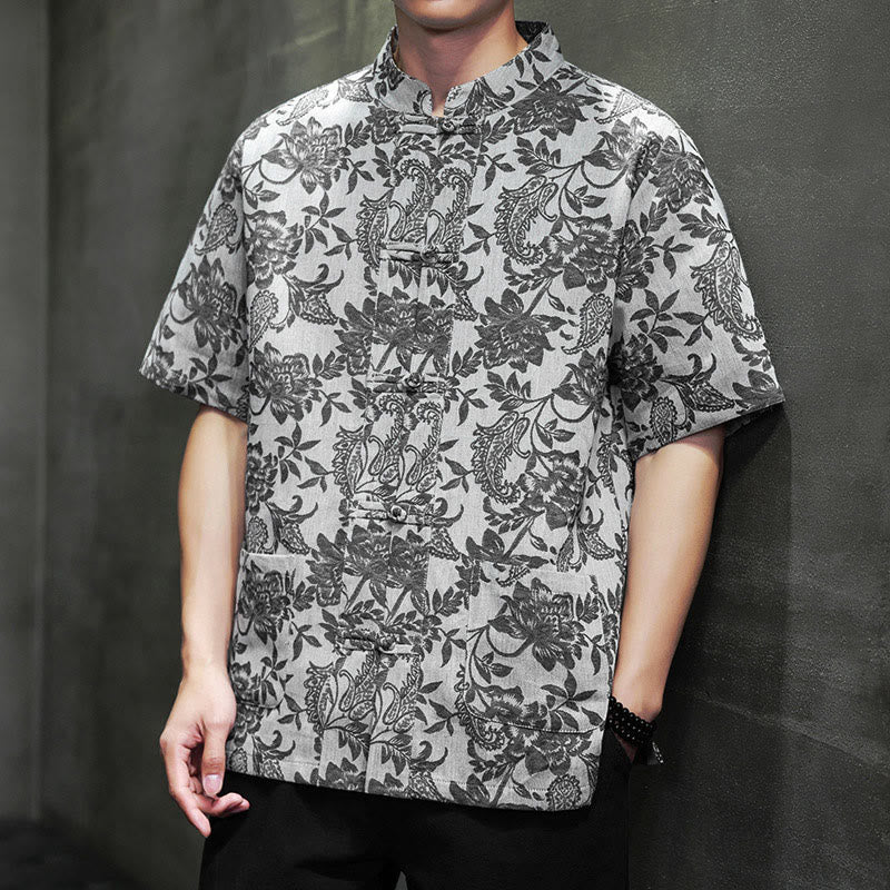 Camisa de algodón para hombre, estilo cárdigan informal con estampado de flores y plantas de cachemira y jacquard con botones de rana y bolsillos.