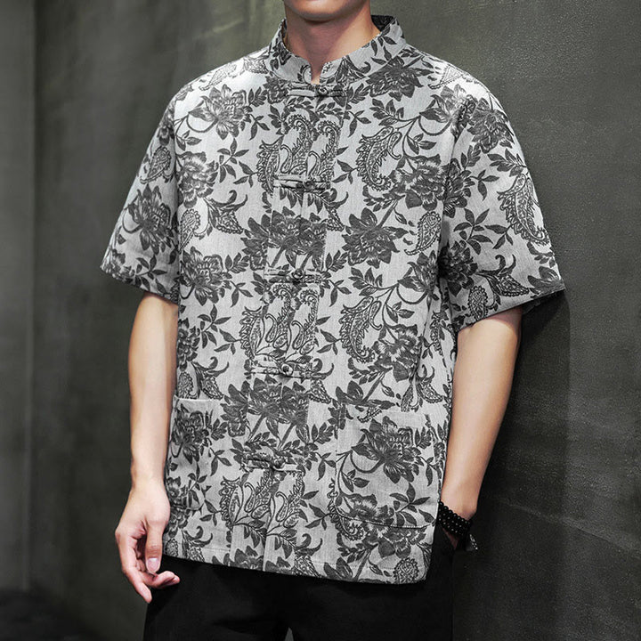 Camisa de algodón para hombre, estilo cárdigan informal con estampado de flores y plantas de cachemira y jacquard con botones de rana y bolsillos.