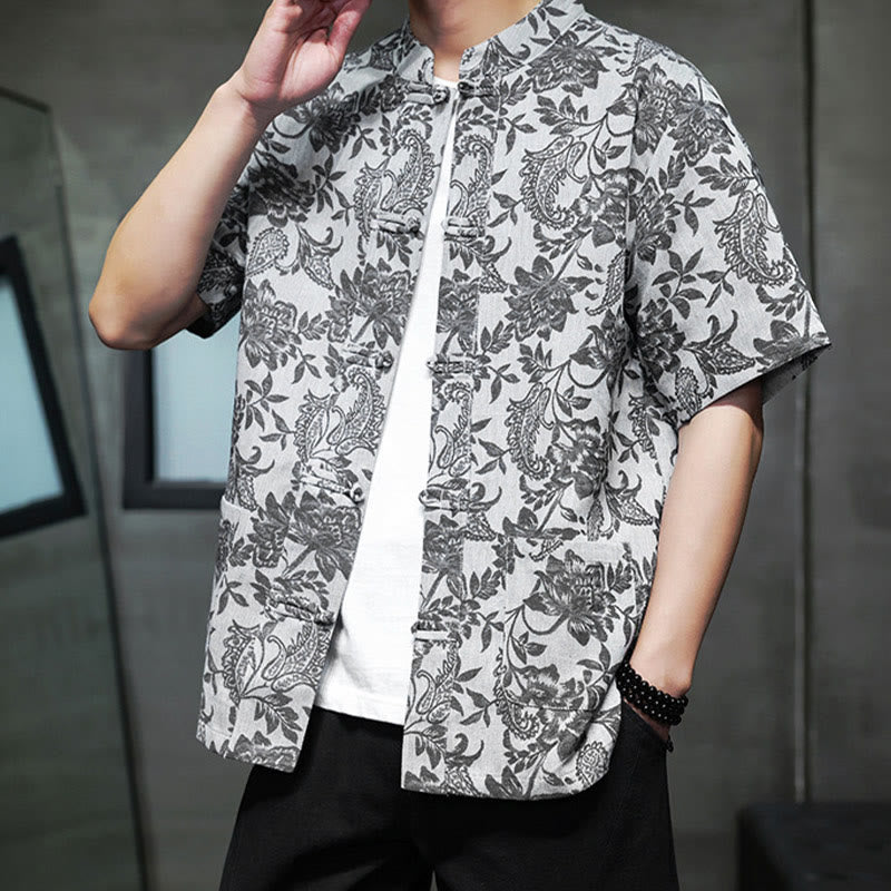 Camisa de algodón para hombre, estilo cárdigan informal con estampado de flores y plantas de cachemira y jacquard con botones de rana y bolsillos.