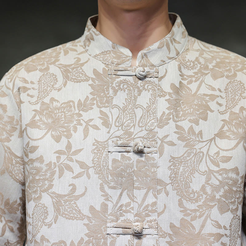 Camisa de algodón para hombre, estilo cárdigan informal con estampado de flores y plantas de cachemira y jacquard con botones de rana y bolsillos.