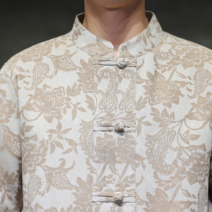 Camisa de algodón para hombre, estilo cárdigan informal con estampado de flores y plantas de cachemira y jacquard con botones de rana y bolsillos.