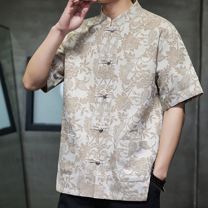Camisa de algodón para hombre, estilo cárdigan informal con estampado de flores y plantas de cachemira y jacquard con botones de rana y bolsillos.