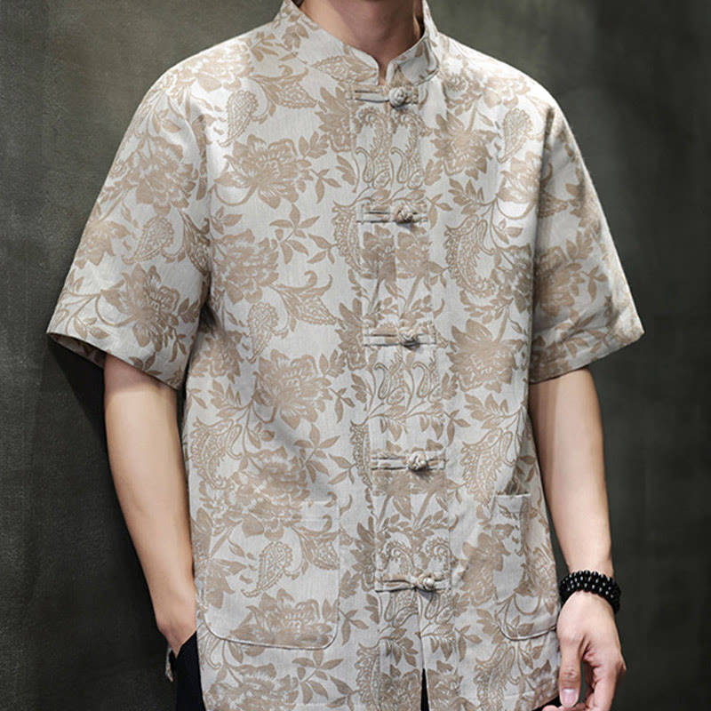 Camisa de algodón para hombre, estilo cárdigan informal con estampado de flores y plantas de cachemira y jacquard con botones de rana y bolsillos.