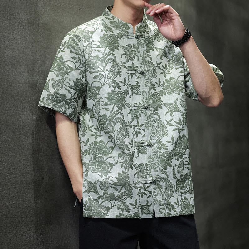 Camisa de algodón para hombre, estilo cárdigan informal con estampado de flores y plantas de cachemira y jacquard con botones de rana y bolsillos.