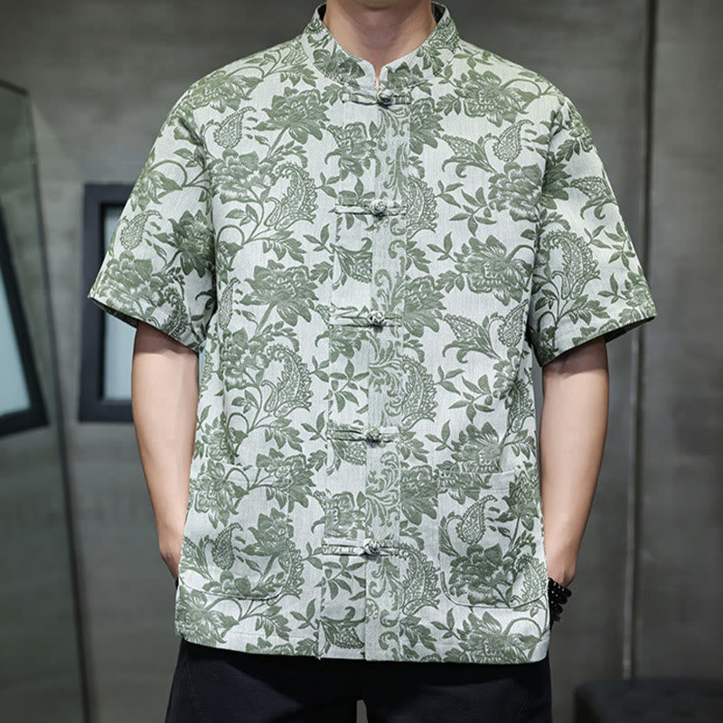 Camisa de algodón para hombre, estilo cárdigan informal con estampado de flores y plantas de cachemira y jacquard con botones de rana y bolsillos.
