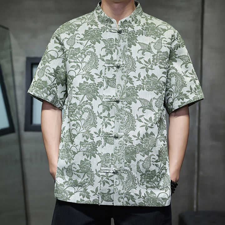 Camisa de algodón para hombre, estilo cárdigan informal con estampado de flores y plantas de cachemira y jacquard con botones de rana y bolsillos.