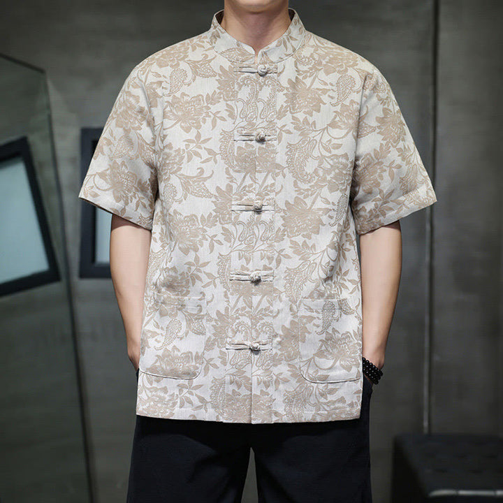 Camisa de algodón para hombre, estilo cárdigan informal con estampado de flores y plantas de cachemira y jacquard con botones de rana y bolsillos.